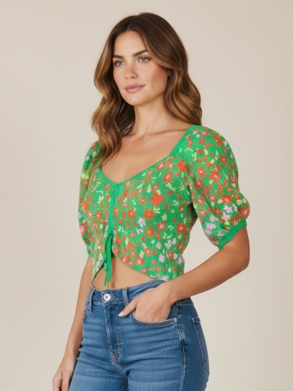 525 America Floral Puff Sleeve Sweater in Green Garden Multi, Size Small